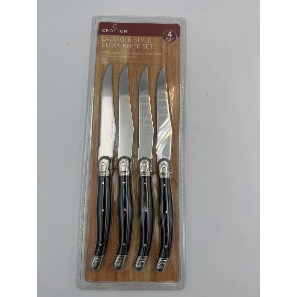 Crofton Laguiole Style Steak Knife Set 4 Pc Stainless Steel Black Handle New